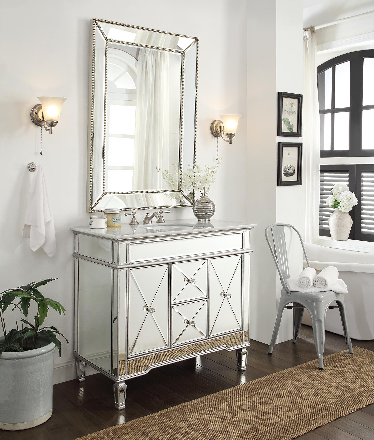 Chans Furniture DH-13Q332 40" Benton Collection Mirrored Style Adelia Single Sink Bathroom Vanity with Carrara Top