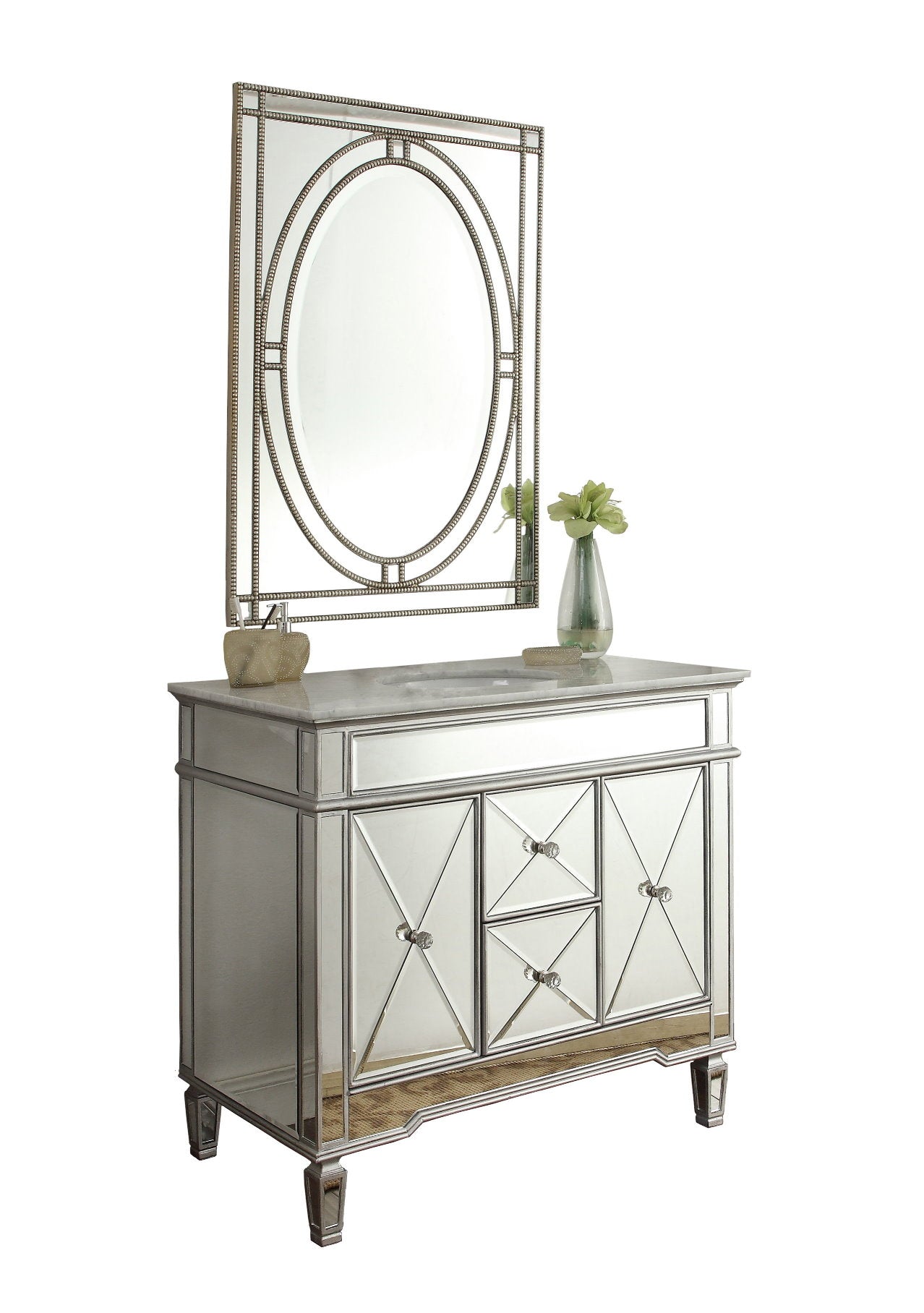 Chans Furniture DH-13Q332 40" Benton Collection Mirrored Style Adelia Single Sink Bathroom Vanity with Carrara Top