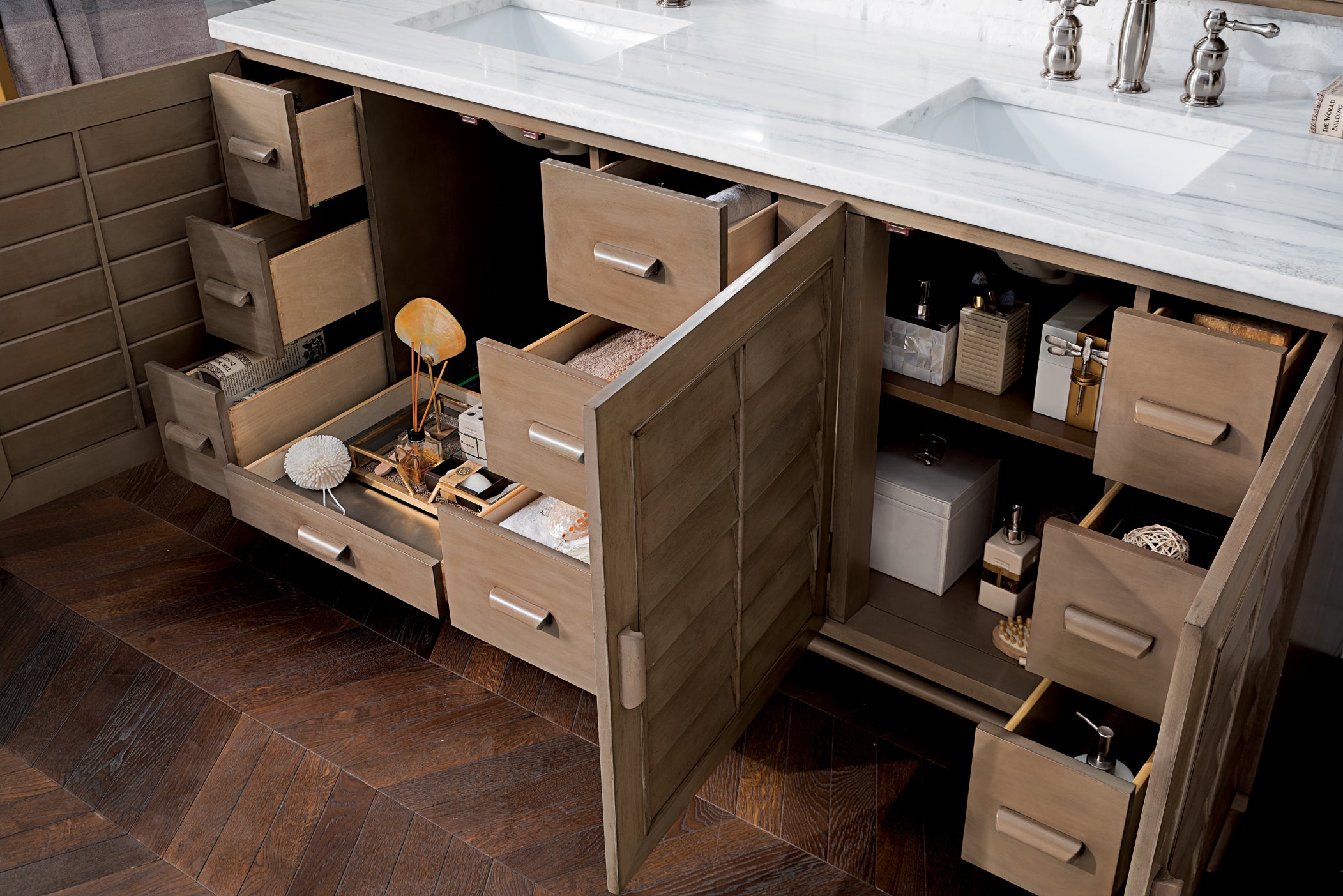 James Martin Portland 72" Double Vanity in Whitewashed Walnut with 3cm Countertop