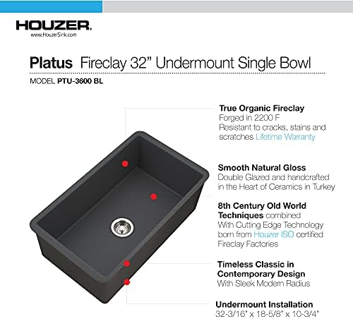 Houzer Platus 32 inch White Fireclay Undermount Single Bowl Kitchen Sink