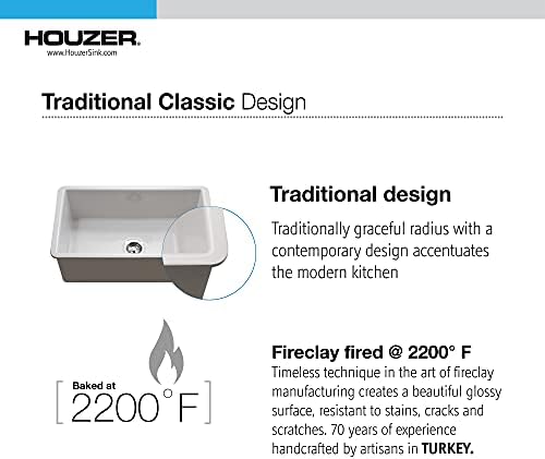 Houzer Platus 32 inch White Fireclay Undermount Single Bowl Kitchen Sink