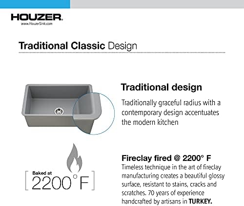 Houzer Platus 32 inch White Fireclay Undermount Single Bowl Kitchen Sink