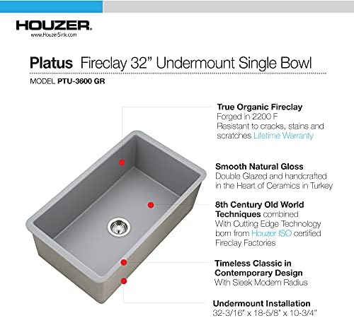 Houzer Platus 32 inch White Fireclay Undermount Single Bowl Kitchen Sink