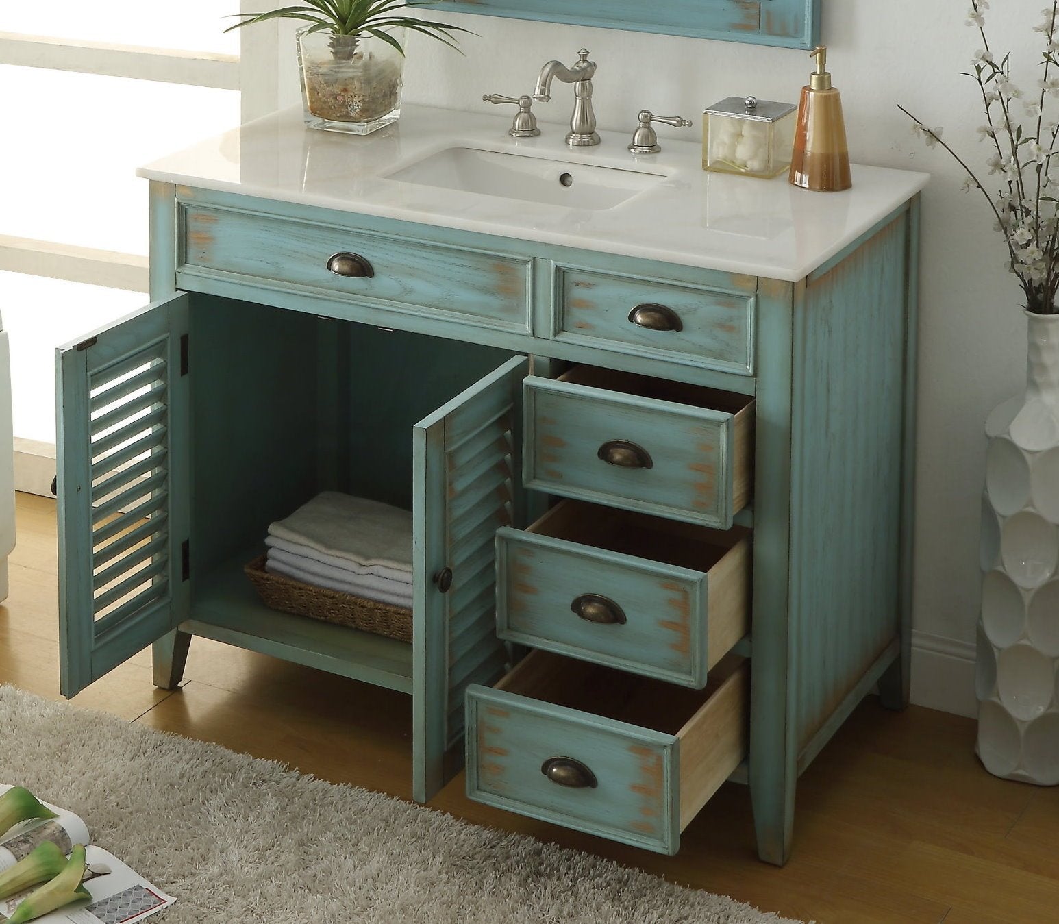 Chans Furniture CF-78888BU 42 Inch Abbeville Farmhouse Style Distressed Blue Bathroom Vanity