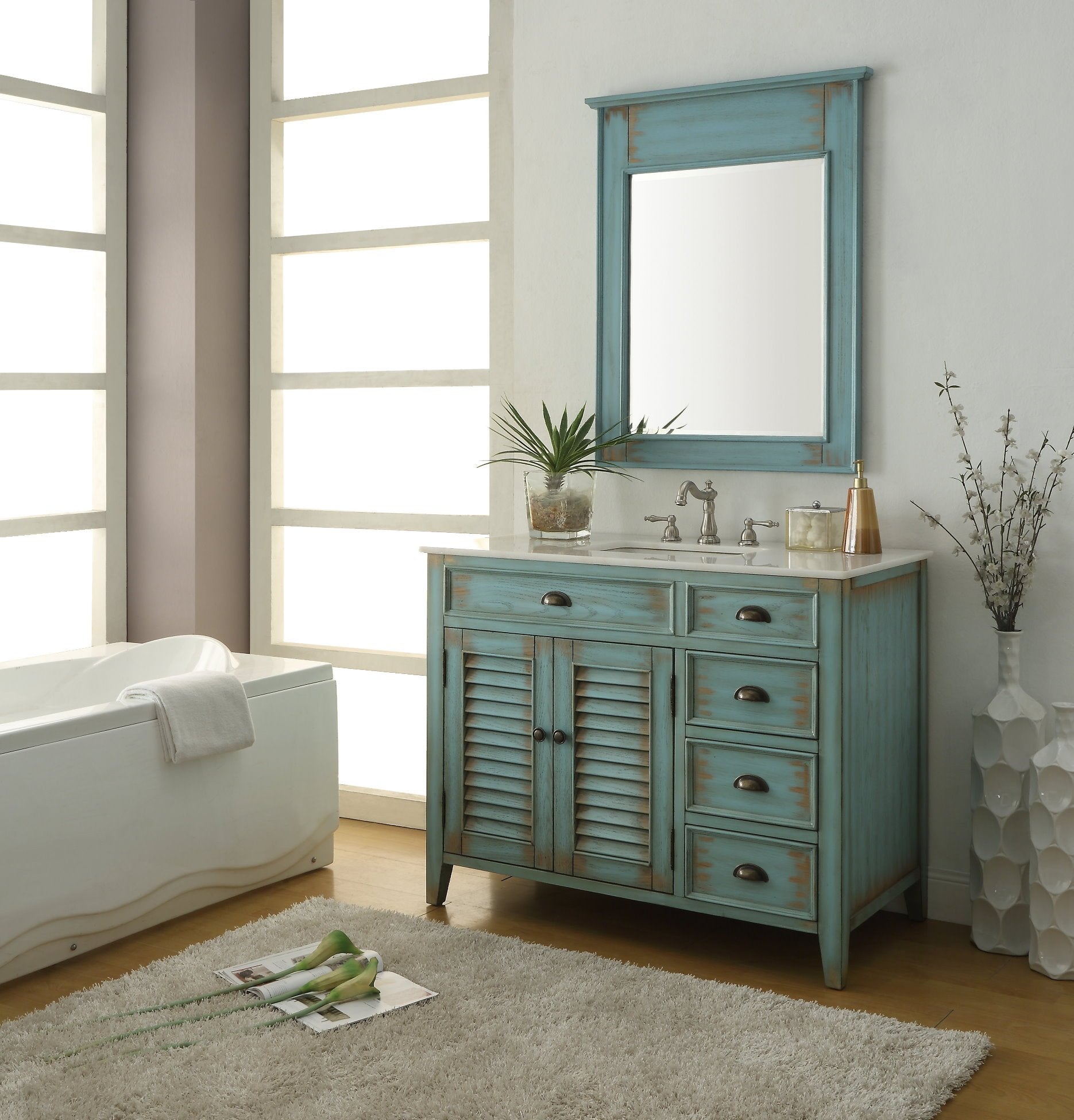 Chans Furniture CF-78888BU 42 Inch Abbeville Farmhouse Style Distressed Blue Bathroom Vanity