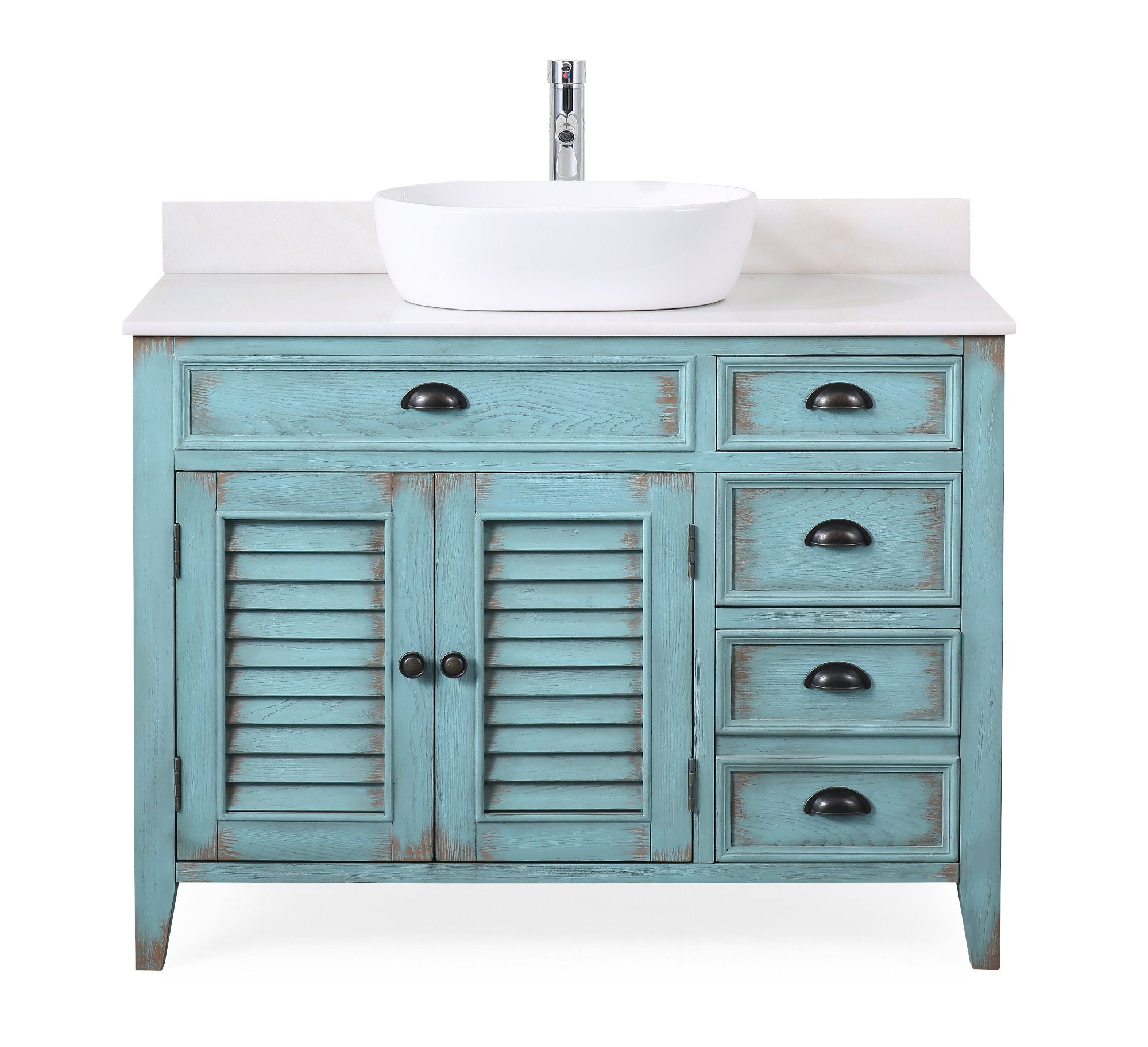 Chans Furniture CF-78881BU 42 Inch Abbeville Farmhouse Style Distressed Blue Vessel Sink Bathroom Vanity