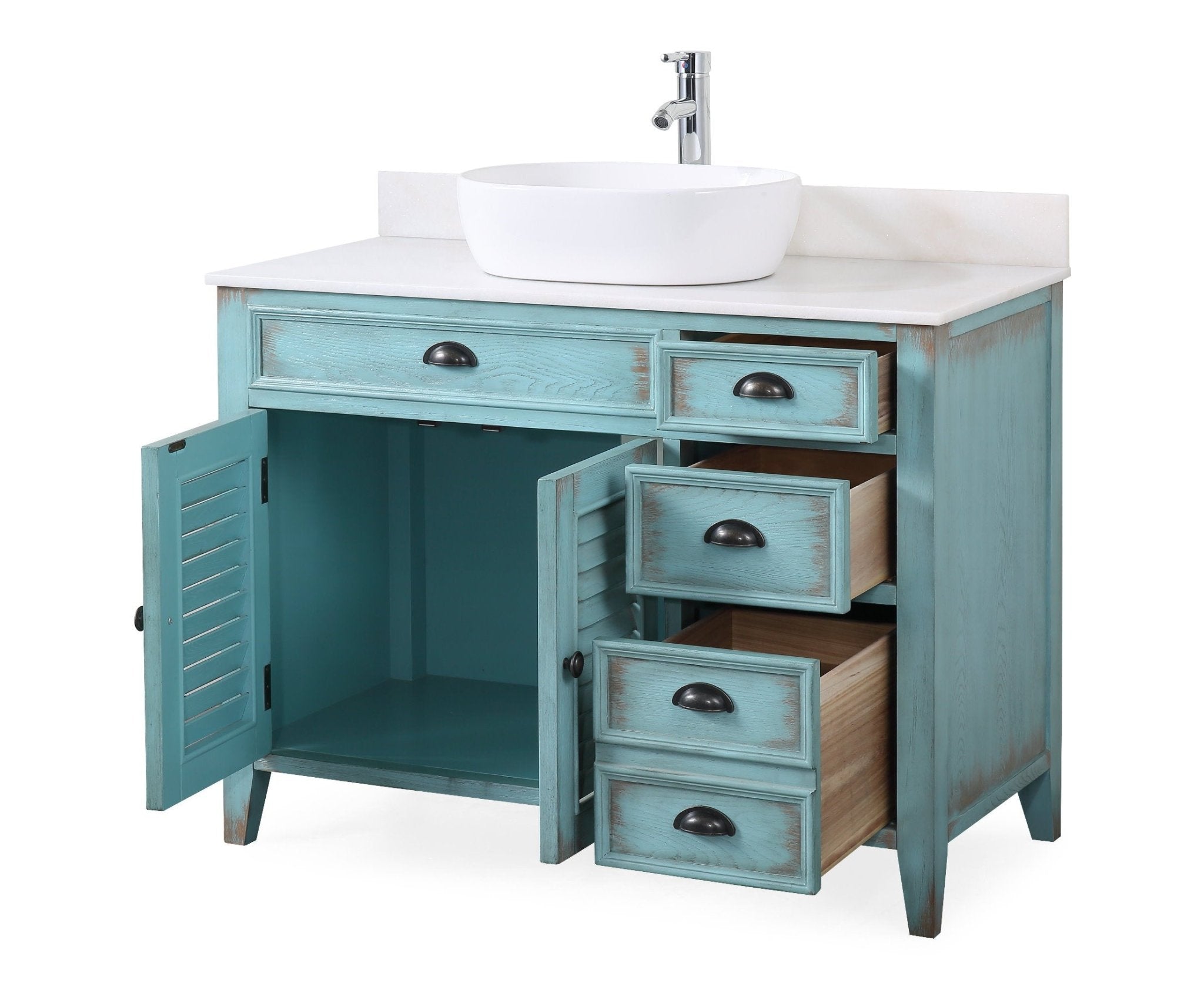 Chans Furniture CF-78881BU 42 Inch Abbeville Farmhouse Style Distressed Blue Vessel Sink Bathroom Vanity
