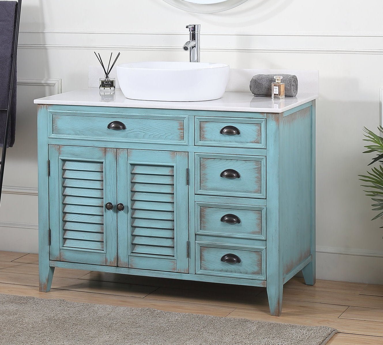 Chans Furniture CF-78881BU 42 Inch Abbeville Farmhouse Style Distressed Blue Vessel Sink Bathroom Vanity