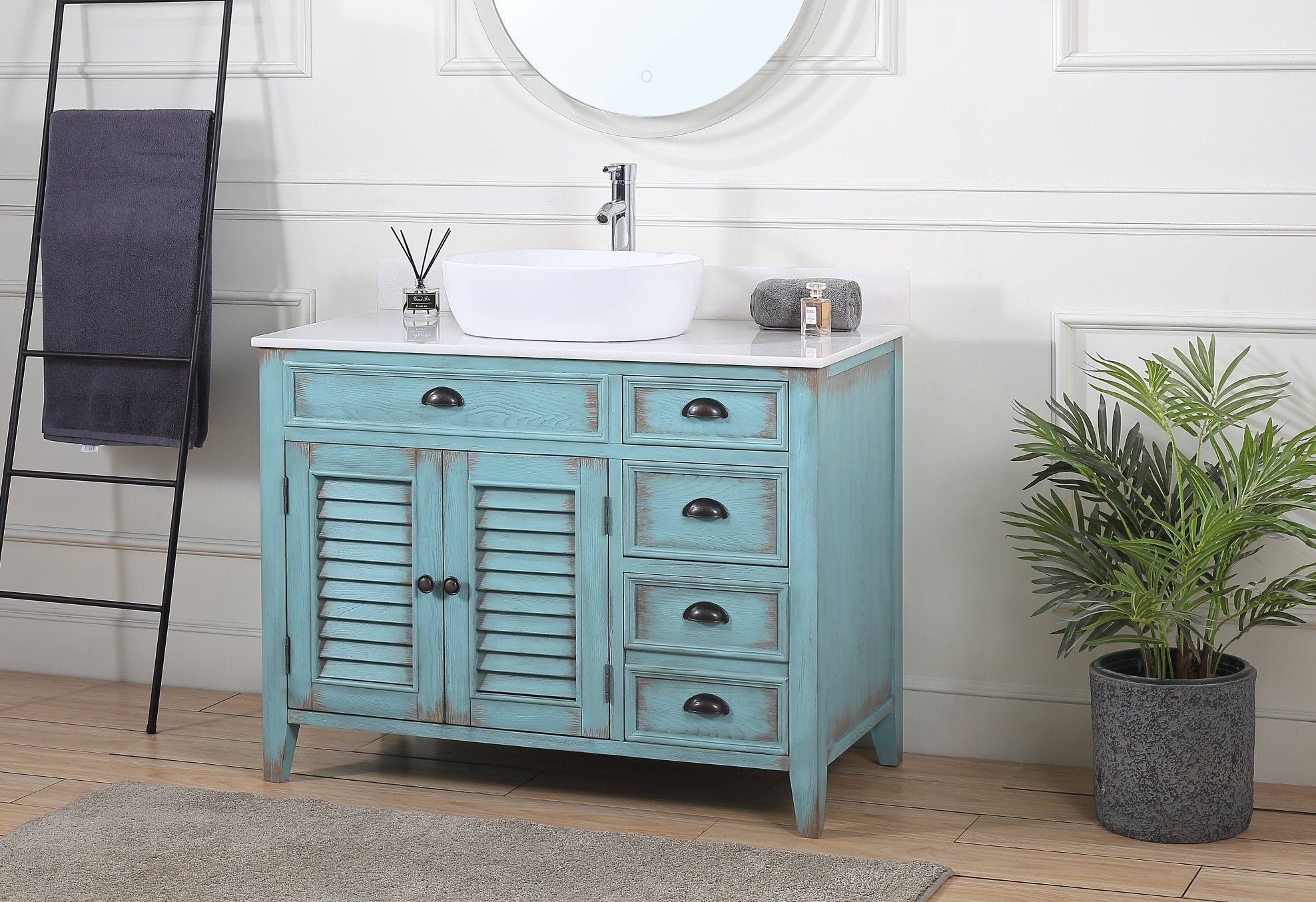 Chans Furniture CF-78881BU 42 Inch Abbeville Farmhouse Style Distressed Blue Vessel Sink Bathroom Vanity