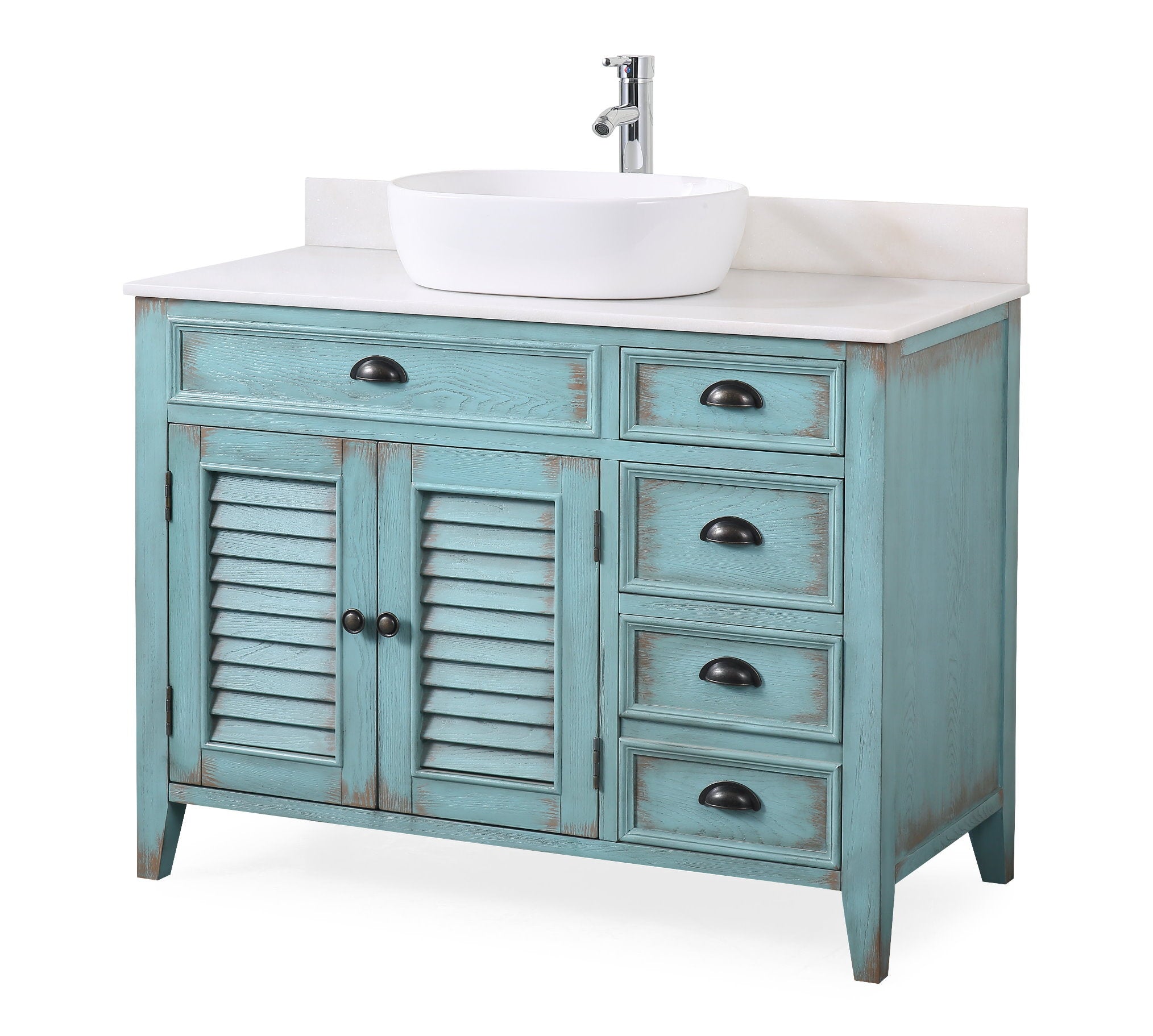 Chans Furniture CF-78881BU 42 Inch Abbeville Farmhouse Style Distressed Blue Vessel Sink Bathroom Vanity