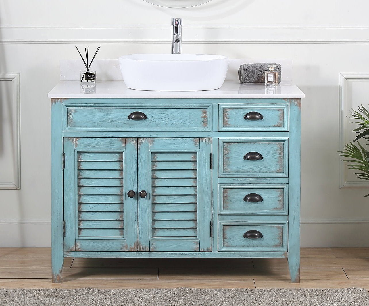 Chans Furniture CF-78881BU 42 Inch Abbeville Farmhouse Style Distressed Blue Vessel Sink Bathroom Vanity