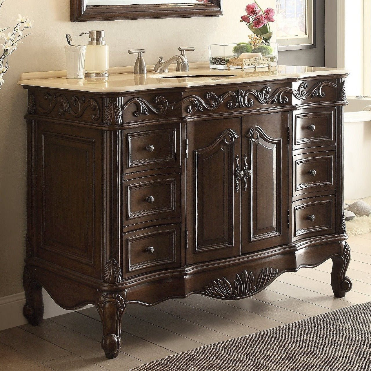Chans Furniture SW-3882M-TK-42 42 Inch Dark Brown Traditional Style Single Sink Cream Marble Countertop Beckham Bathroom Vanity