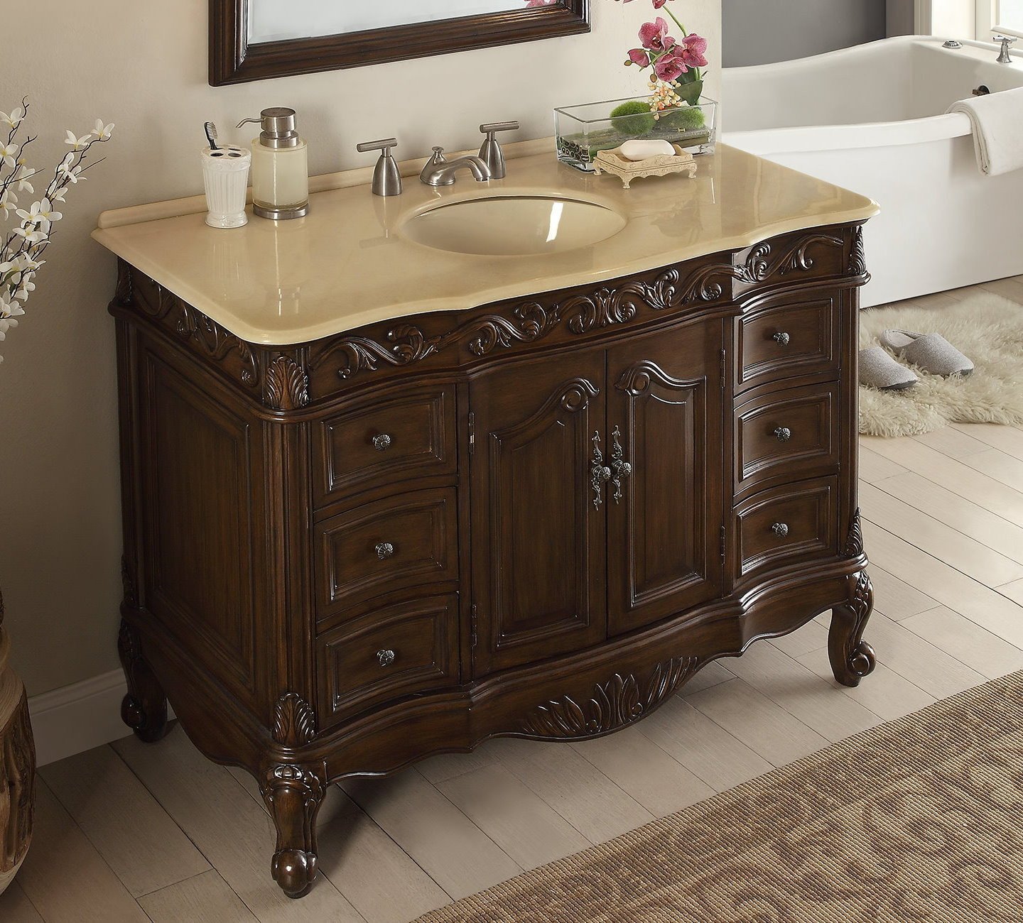 Chans Furniture SW-3882M-TK-42 42 Inch Dark Brown Traditional Style Single Sink Cream Marble Countertop Beckham Bathroom Vanity