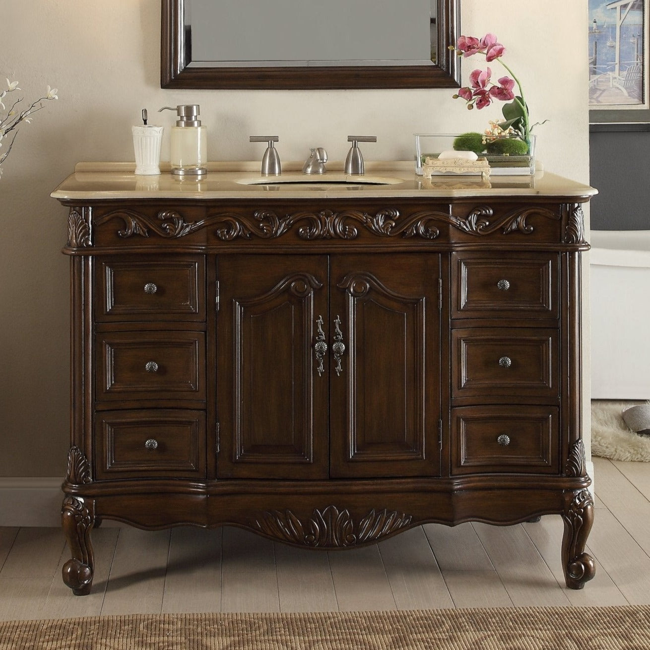 Chans Furniture SW-3882M-TK-42 42 Inch Dark Brown Traditional Style Single Sink Cream Marble Countertop Beckham Bathroom Vanity