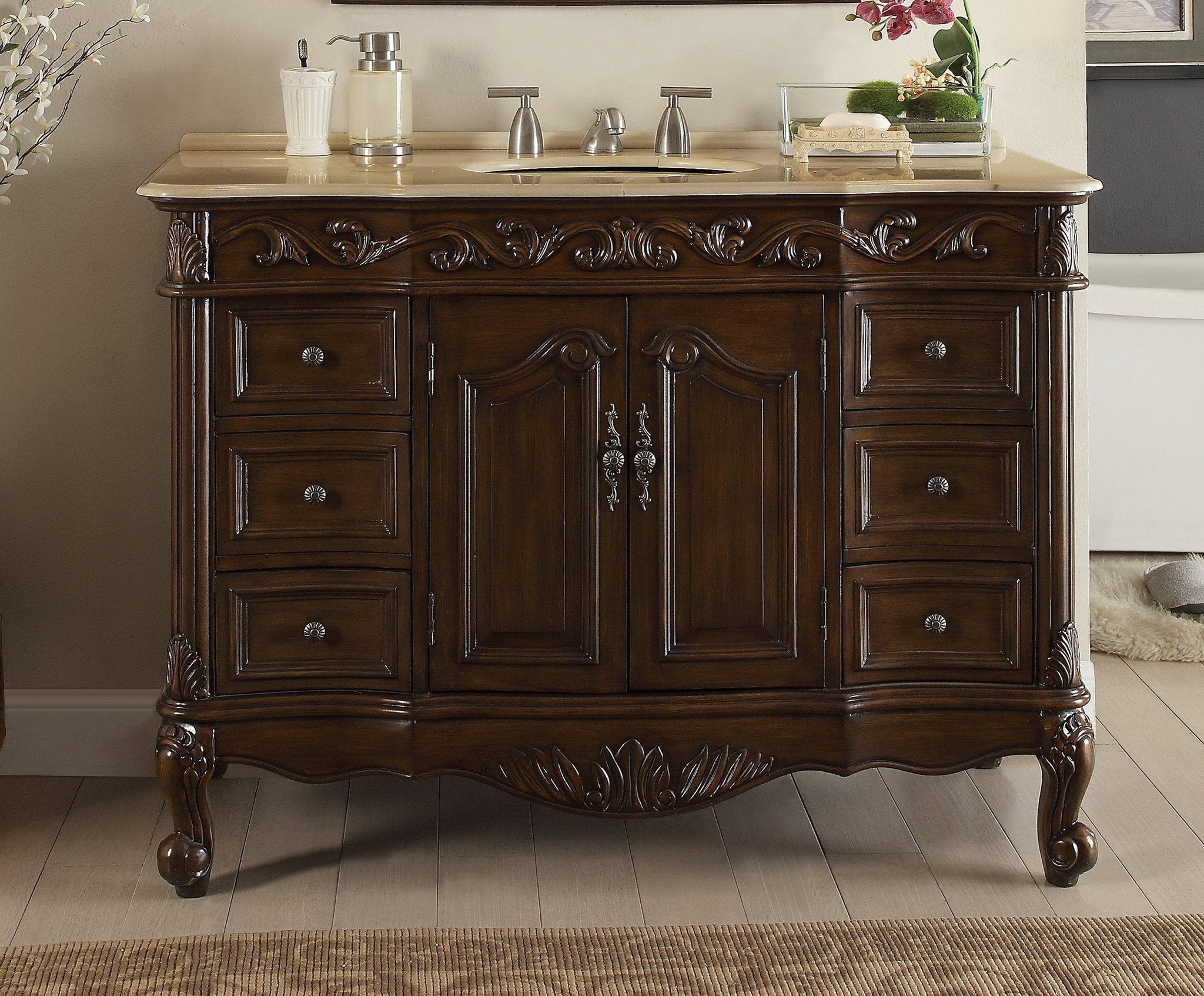 Chans Furniture SW-3882M-TK-42 42 Inch Dark Brown Traditional Style Single Sink Cream Marble Countertop Beckham Bathroom Vanity