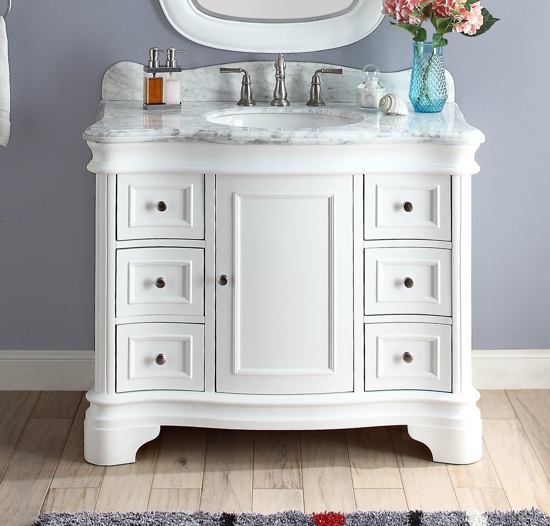 Chans Furniture Q1044W 42" Benton Collection Carrara Marble Top Sesto White Bathroom Vanity