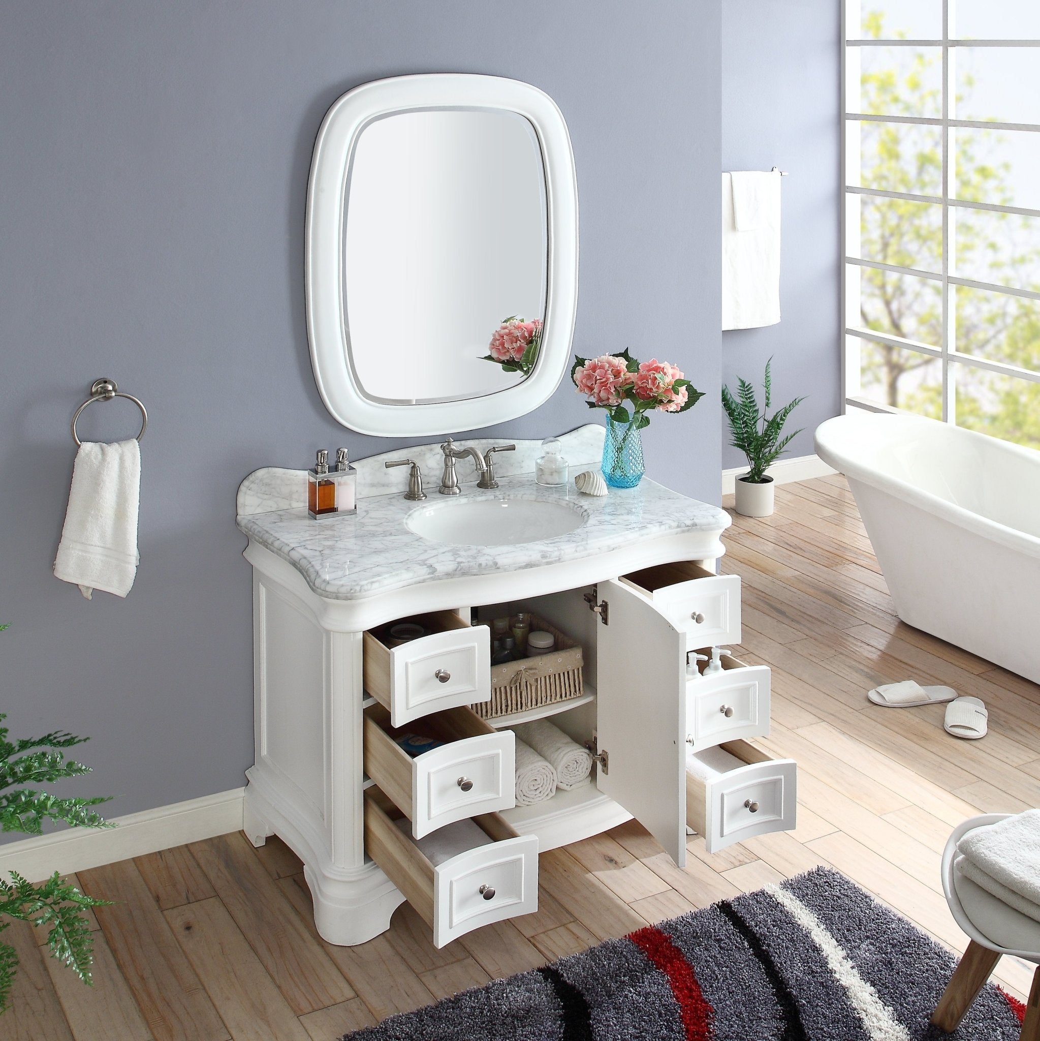Chans Furniture Q1044W 42" Benton Collection Carrara Marble Top Sesto White Bathroom Vanity