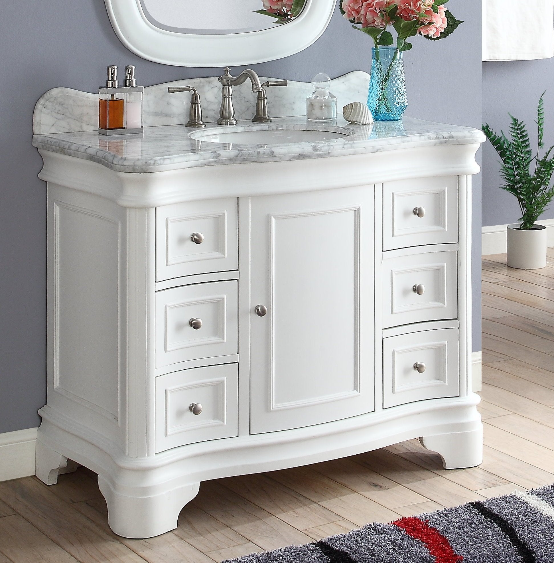 Chans Furniture Q1044W 42" Benton Collection Carrara Marble Top Sesto White Bathroom Vanity