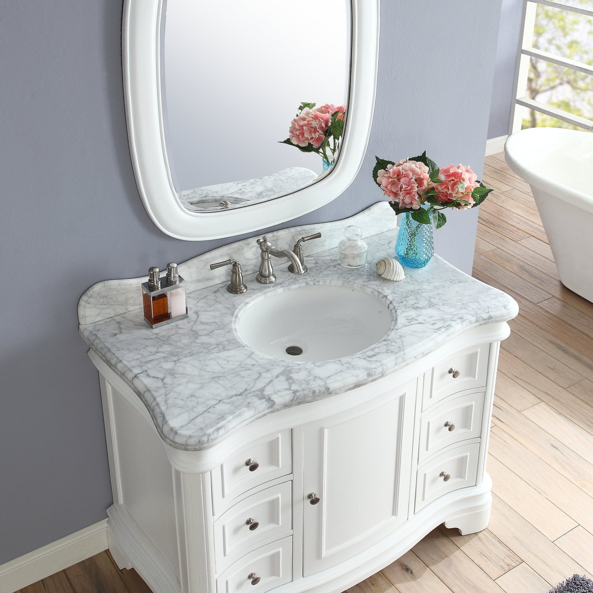 Chans Furniture Q1044W 42" Benton Collection Carrara Marble Top Sesto White Bathroom Vanity