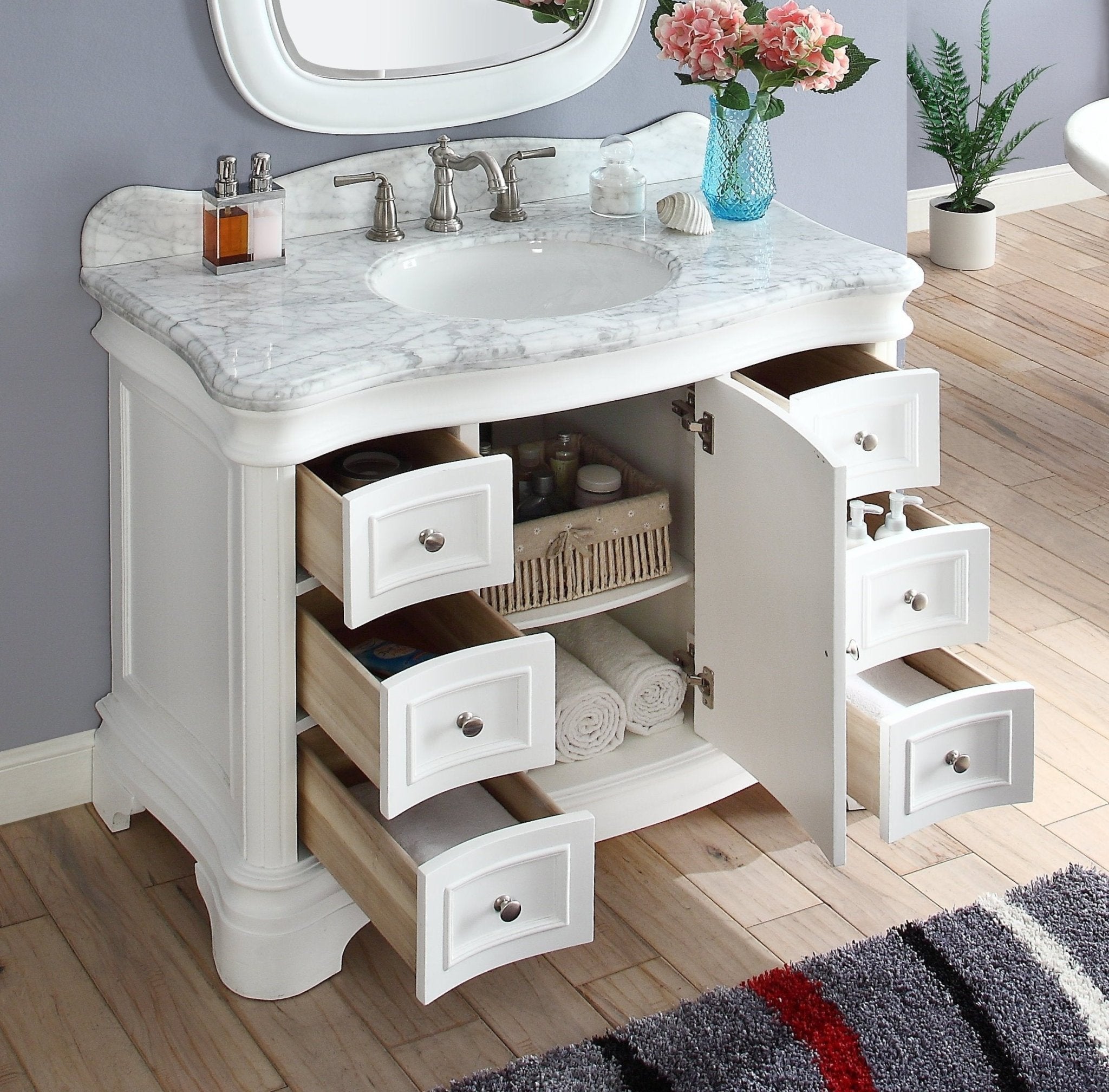 Chans Furniture Q1044W 42" Benton Collection Carrara Marble Top Sesto White Bathroom Vanity