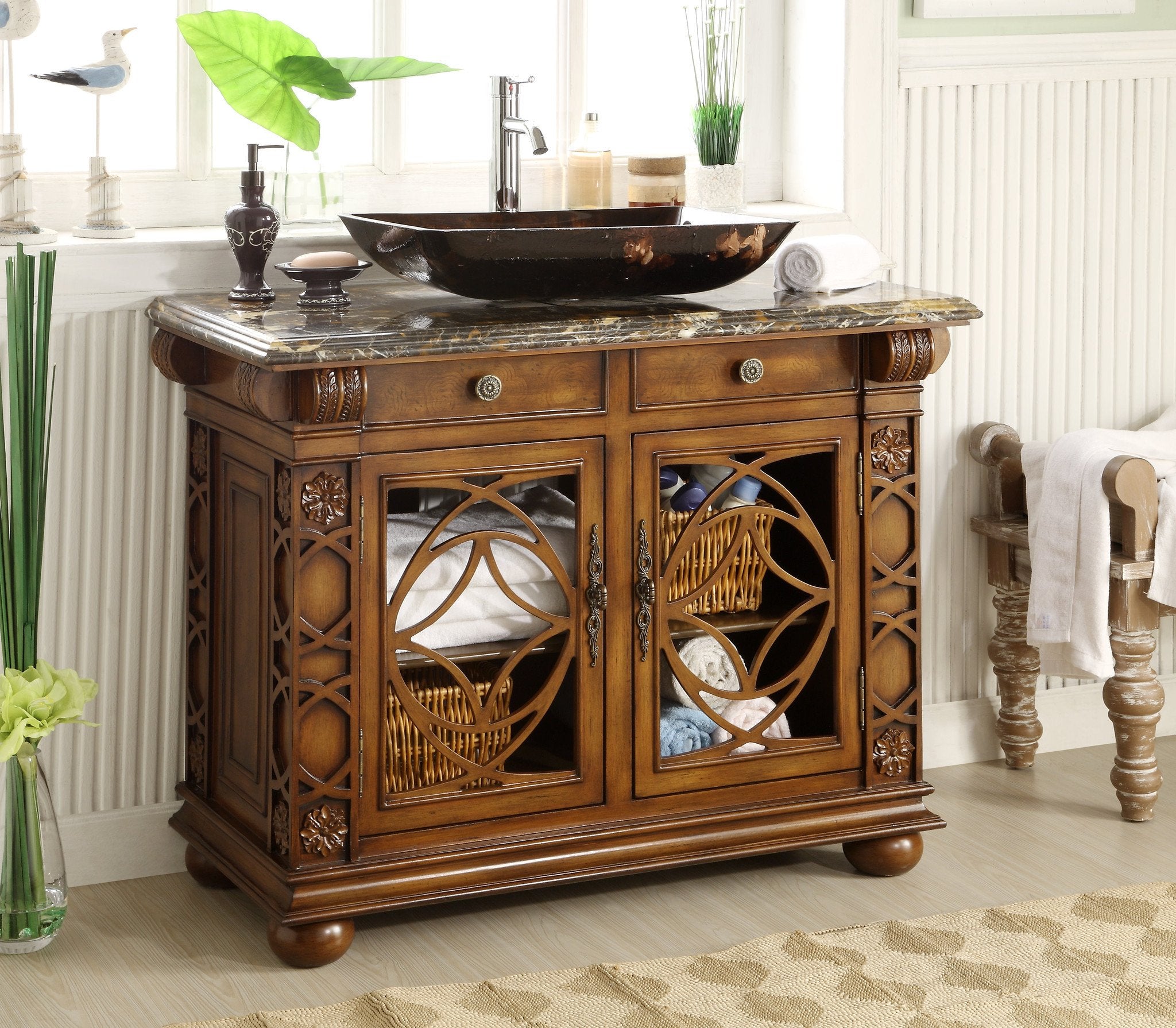 Chans Furniture HF-1217GF 42" Benton Collection Italian Portoro Marble Top Vigo Bathroom Sink Vanity