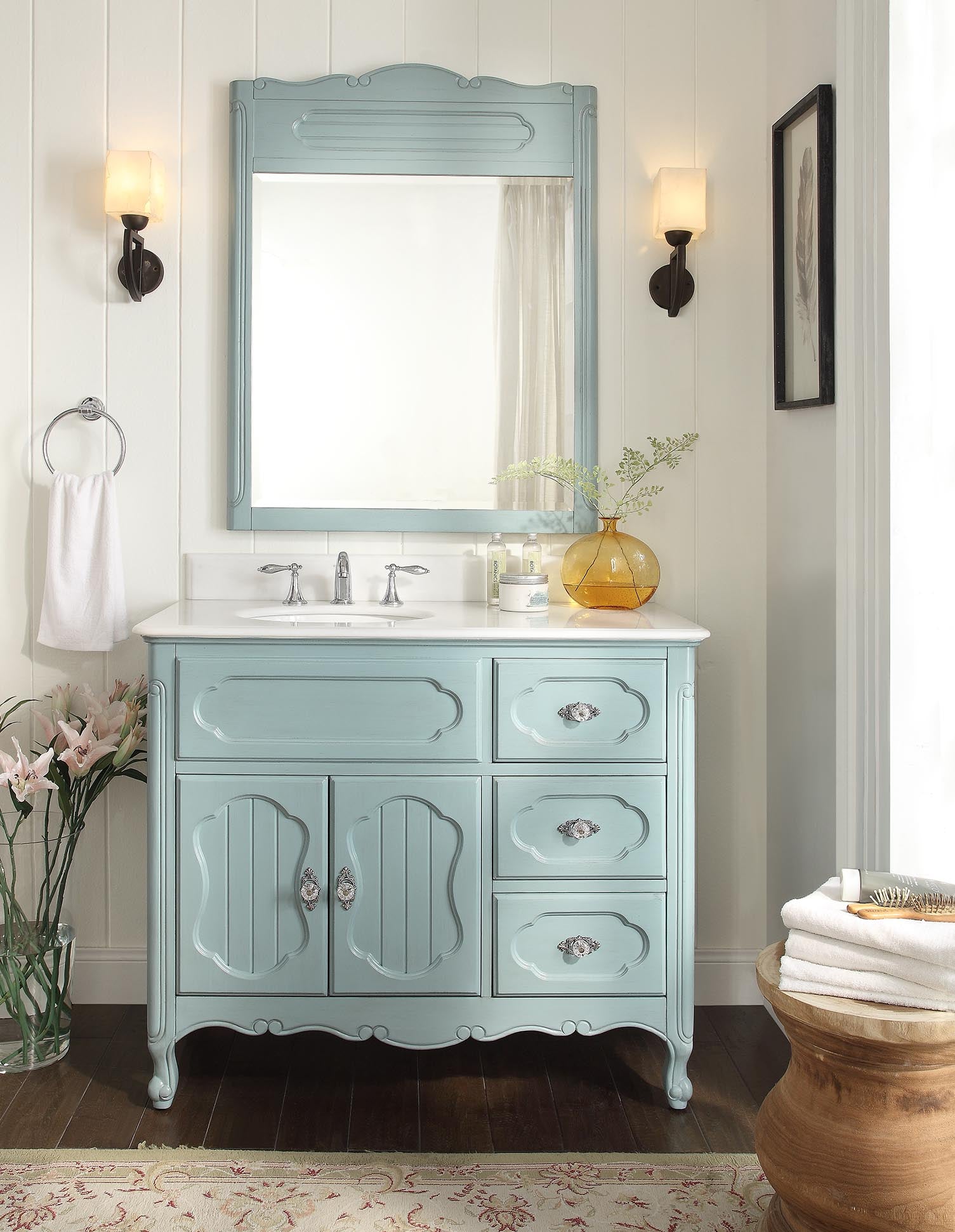 Chans Furniture GD-1509LB 42 Inch Light Blue Charming Cottage Chic Knoxville Vanity With Marble Top