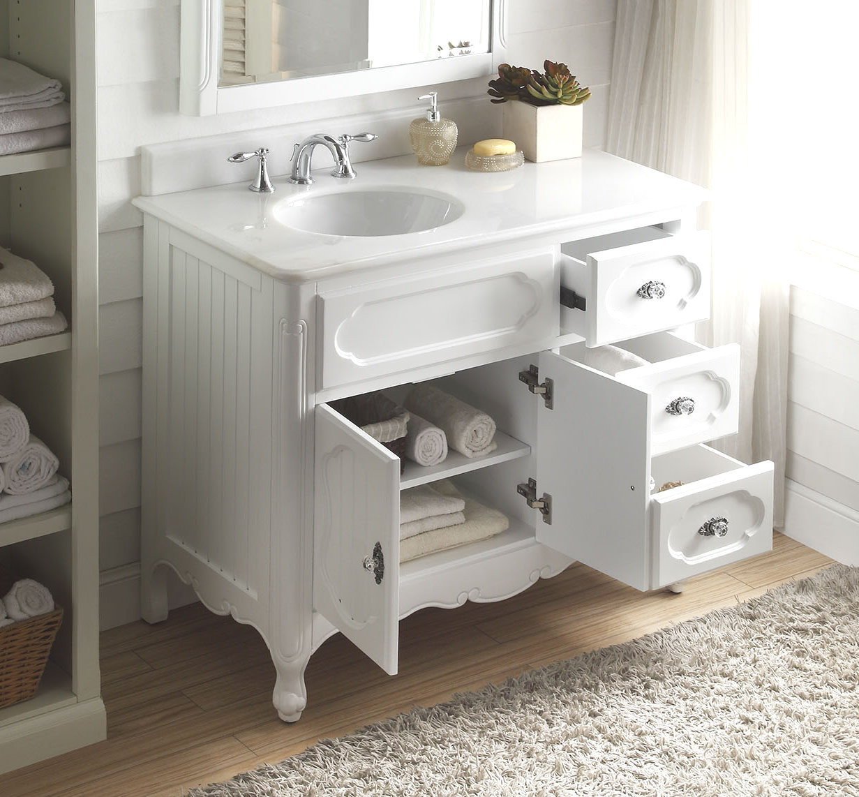 Chans Furniture GD-1509AW 42 Inch White Charming Cottage Chic Knoxville Vanity With Marble Top