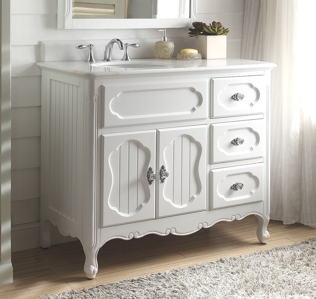 Chans Furniture GD-1509AW 42 Inch White Charming Cottage Chic Knoxville Vanity With Marble Top