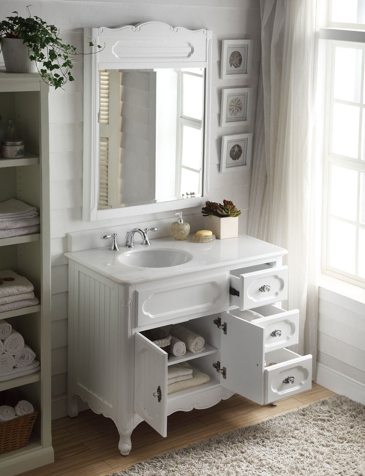 Chans Furniture GD-1509AW 42 Inch White Charming Cottage Chic Knoxville Vanity With Marble Top