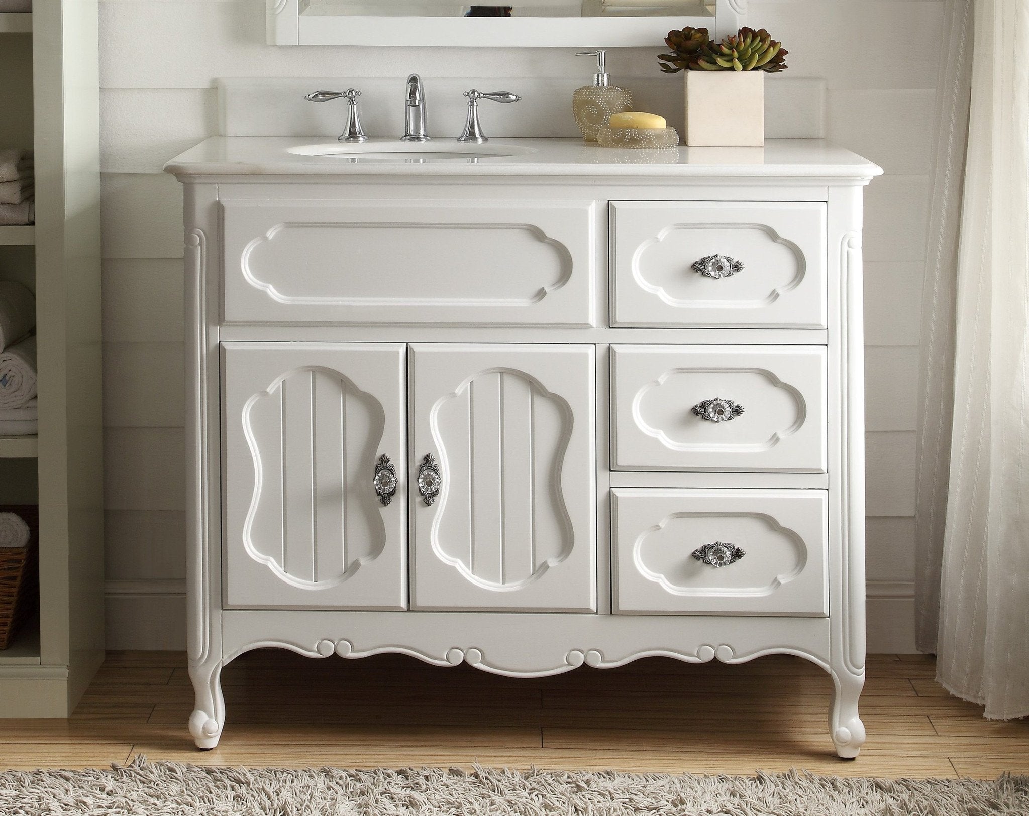 Chans Furniture GD-1509AW 42 Inch White Charming Cottage Chic Knoxville Vanity With Marble Top