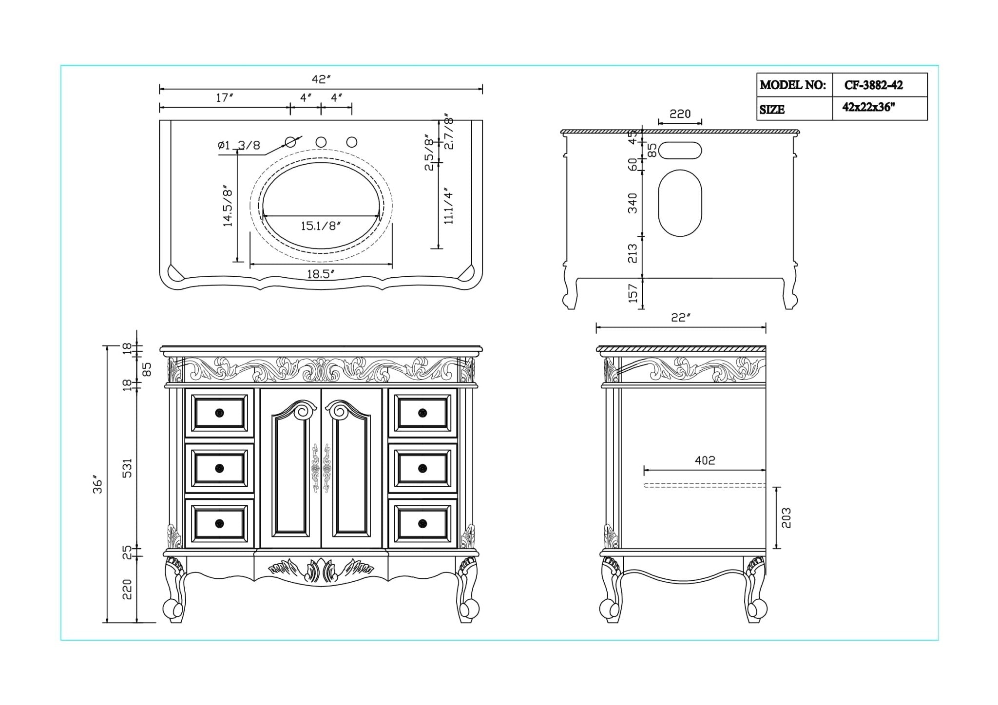 Chans Furniture SW-3882W-AW-42 42 Inch Antique White Traditional Style Single Sink Beckham Bathroom Vanity