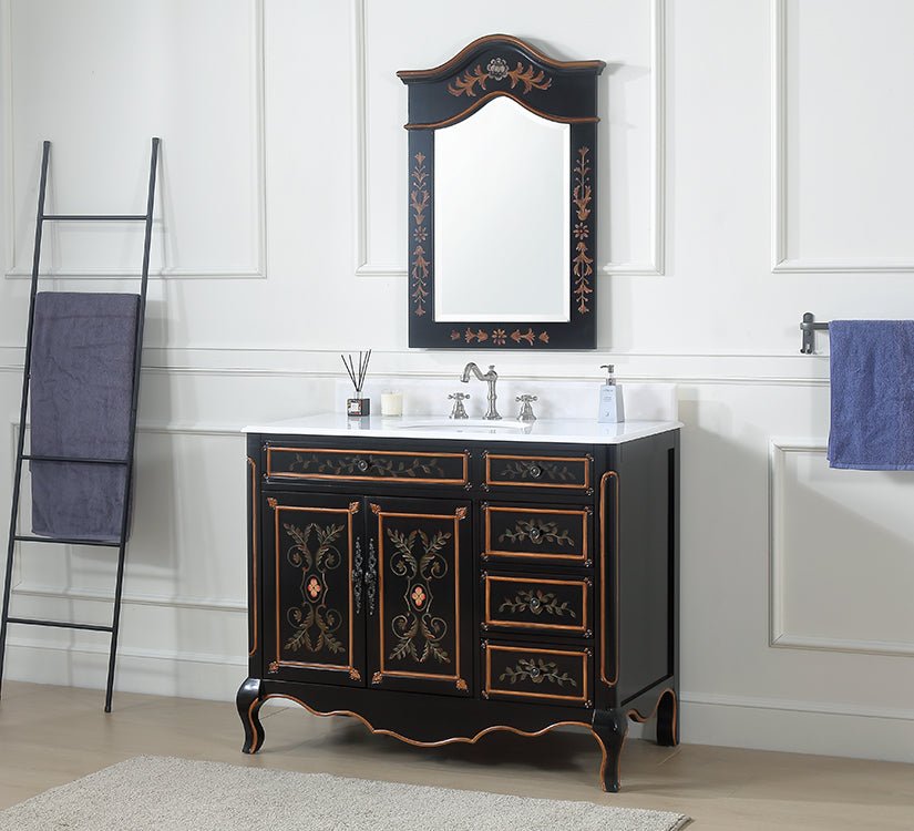 Chans Furniture HF-2342-42 42 Inch Black Hand-Painted Floral Decoroso Bathroom Vanity With Side Drawers