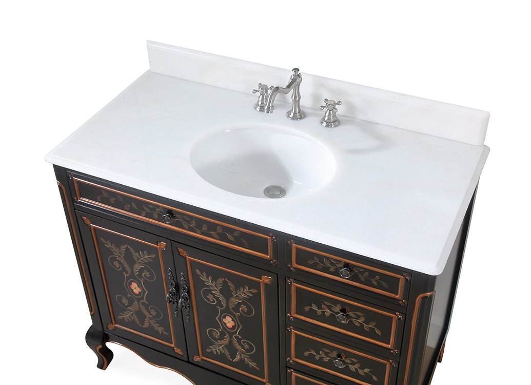 Chans Furniture HF-2342-42 42 Inch Black Hand-Painted Floral Decoroso Bathroom Vanity With Side Drawers