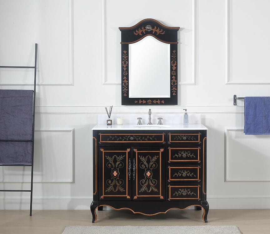 Chans Furniture HF-2342-42 42 Inch Black Hand-Painted Floral Decoroso Bathroom Vanity With Side Drawers