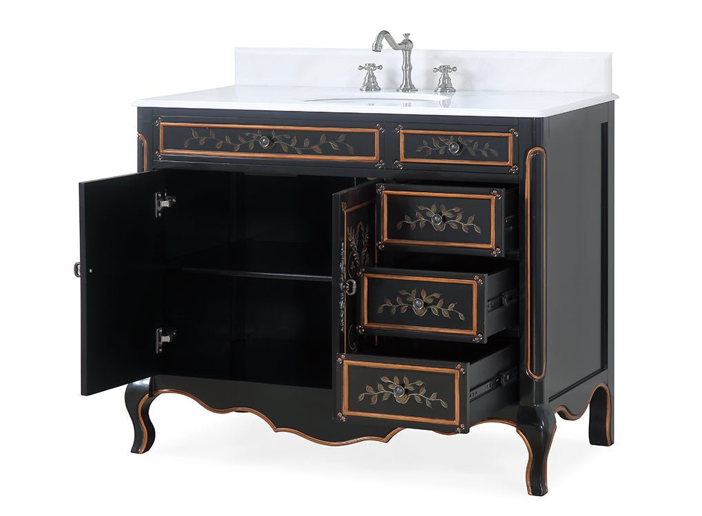 Chans Furniture HF-2342-42 42 Inch Black Hand-Painted Floral Decoroso Bathroom Vanity With Side Drawers