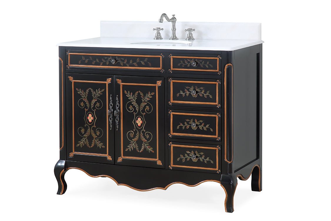 Chans Furniture HF-2342-42 42 Inch Black Hand-Painted Floral Decoroso Bathroom Vanity With Side Drawers