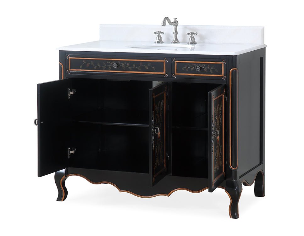 Chans Furniture HF-2326-42 42 inch Black Hand-Painted Floral Decoroso Side Cabinet Bathroom Vanity