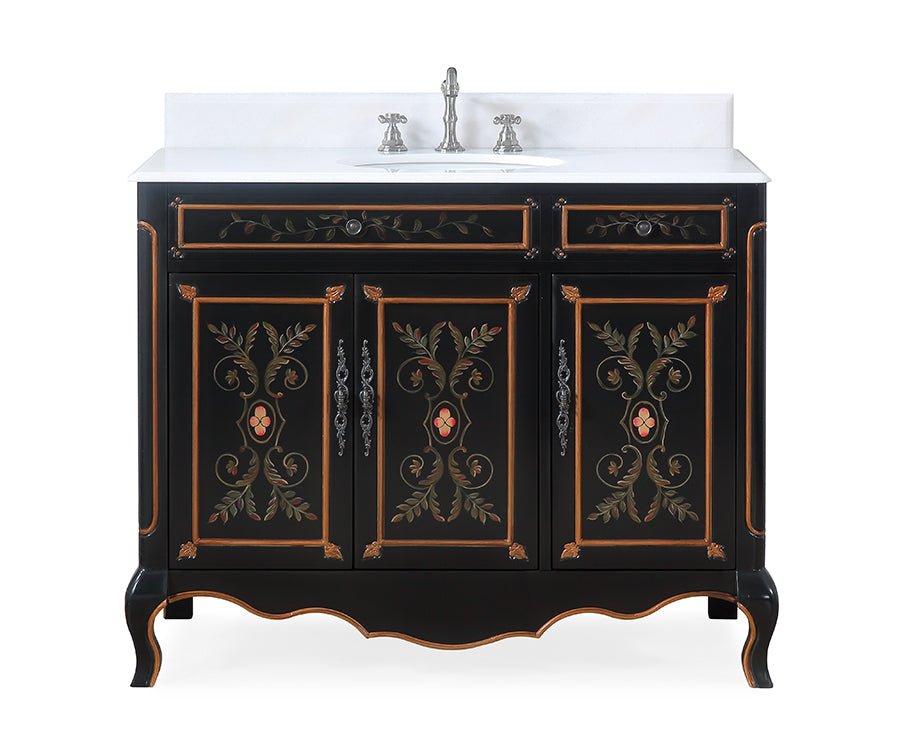 Chans Furniture HF-2326-42 42 inch Black Hand-Painted Floral Decoroso Side Cabinet Bathroom Vanity