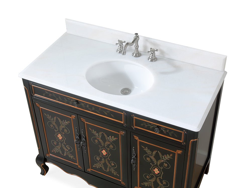 Chans Furniture HF-2326-42 42 inch Black Hand-Painted Floral Decoroso Side Cabinet Bathroom Vanity