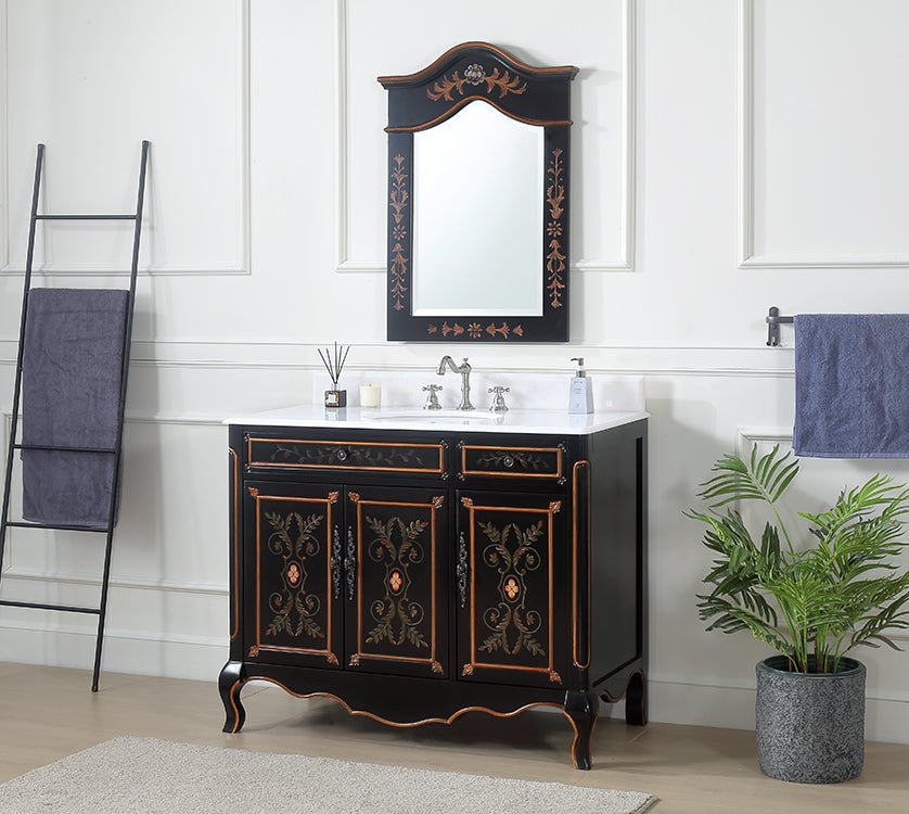 Chans Furniture HF-2326-42 42 inch Black Hand-Painted Floral Decoroso Side Cabinet Bathroom Vanity