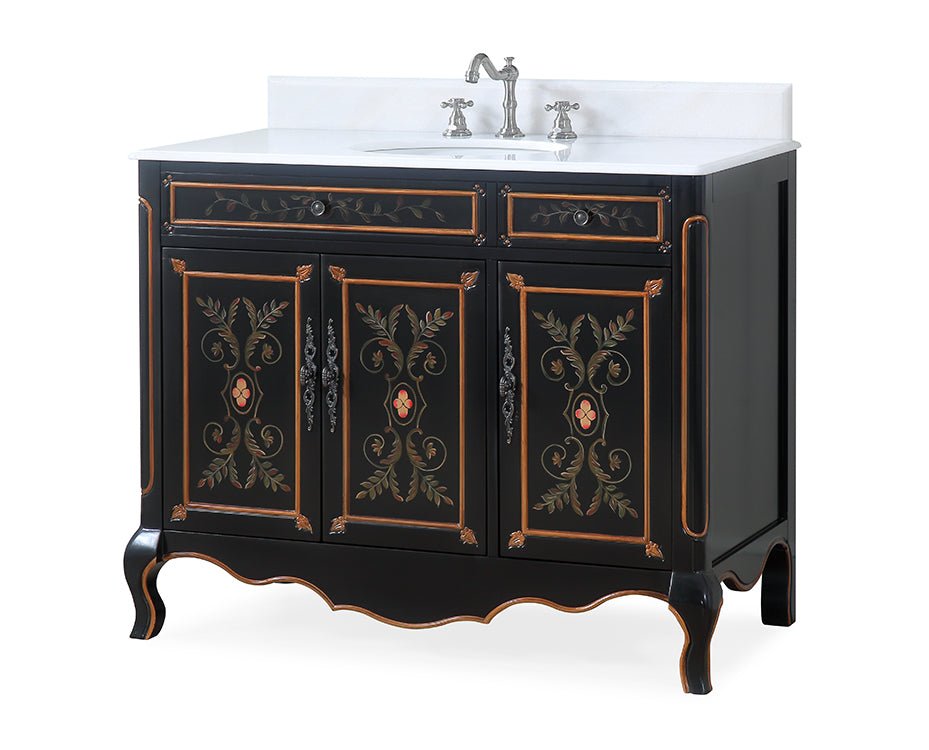 Chans Furniture HF-2326-42 42 inch Black Hand-Painted Floral Decoroso Side Cabinet Bathroom Vanity