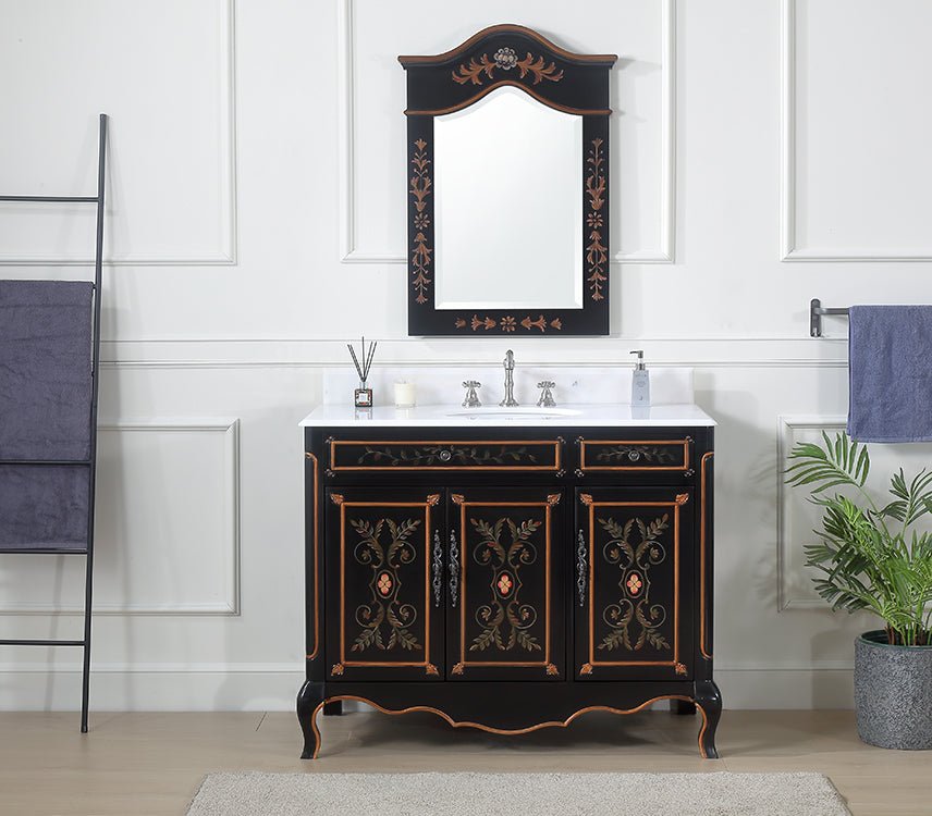 Chans Furniture HF-2326-42 42 inch Black Hand-Painted Floral Decoroso Side Cabinet Bathroom Vanity