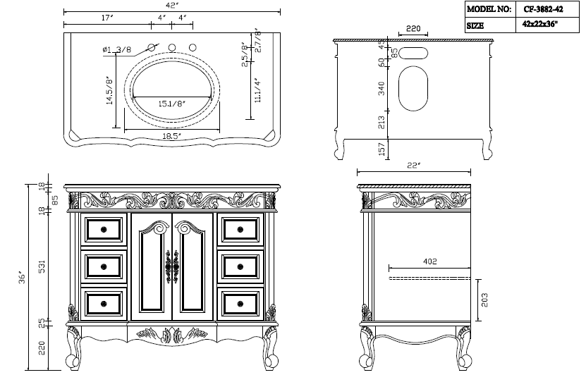 Chans Furniture SW-3882SB-TK-42 42 Inch Dark Brown Traditional Style Single Sink Baltic Brown Countertop Beckham Bathroom Vanity