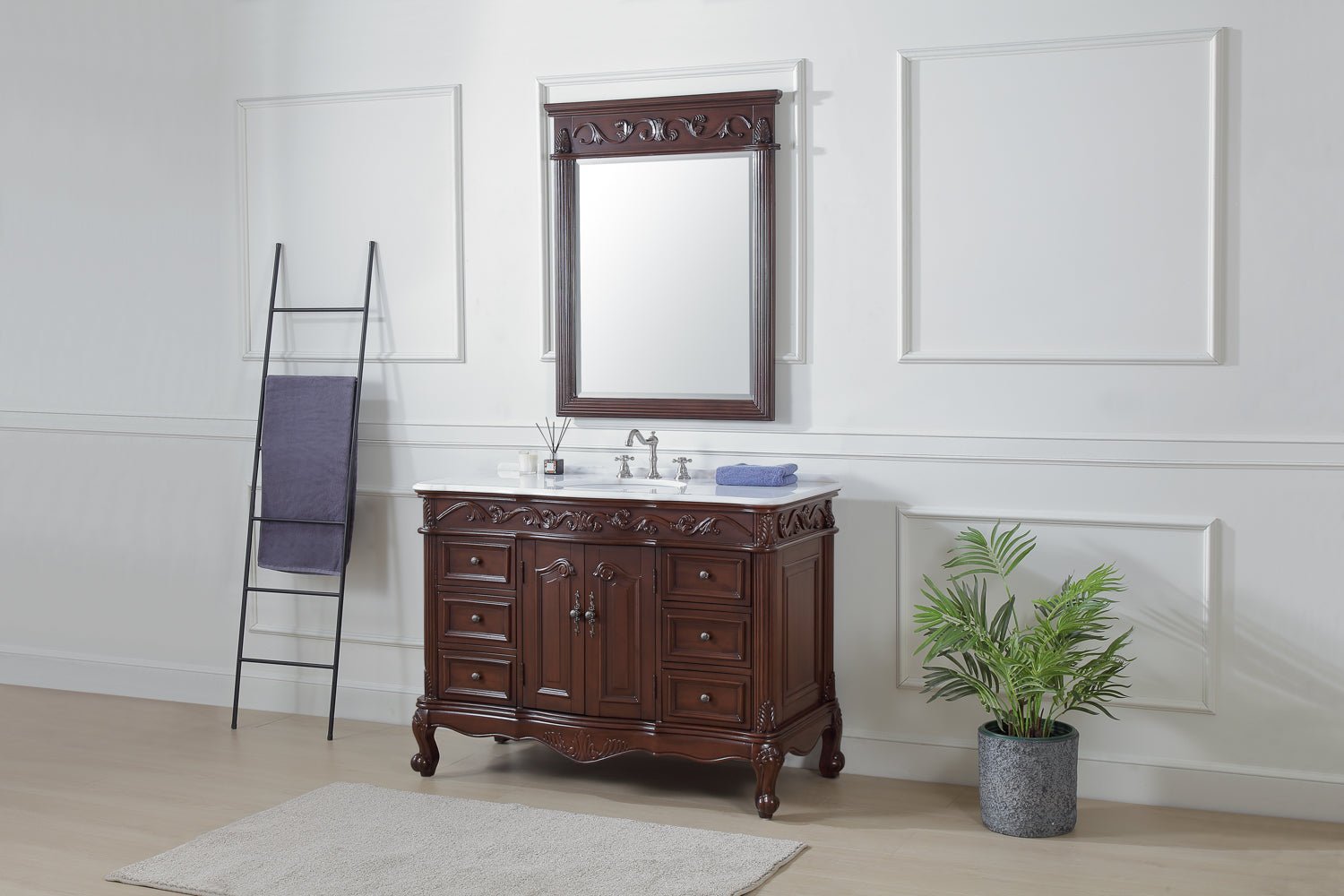 Chans Furniture SW-3882W-TK-42 42 Inch Dark Brown Traditional Style Single Sink White Marble Countertop Beckham Bathroom Vanity