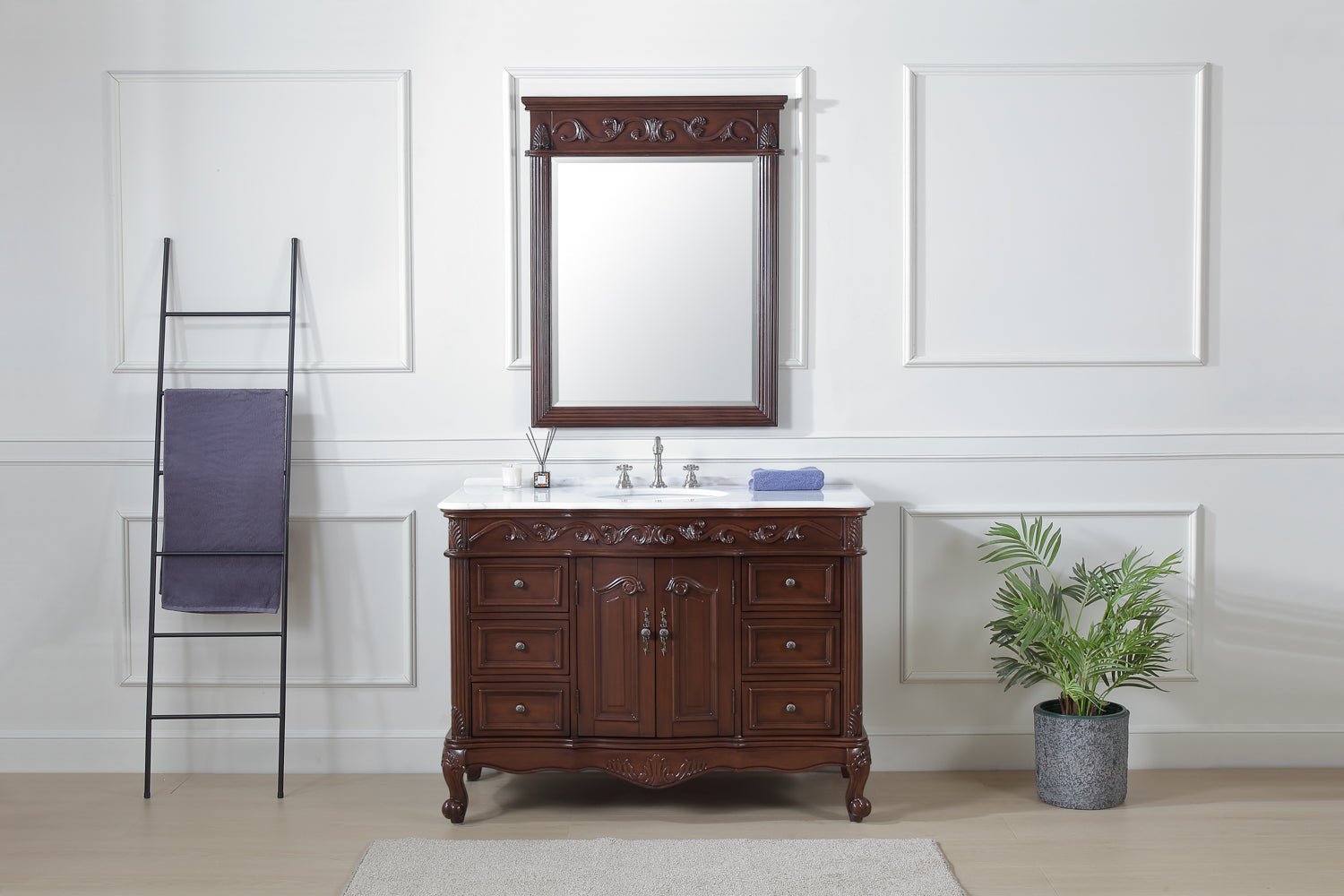 Chans Furniture SW-3882W-TK-42 42 Inch Dark Brown Traditional Style Single Sink White Marble Countertop Beckham Bathroom Vanity