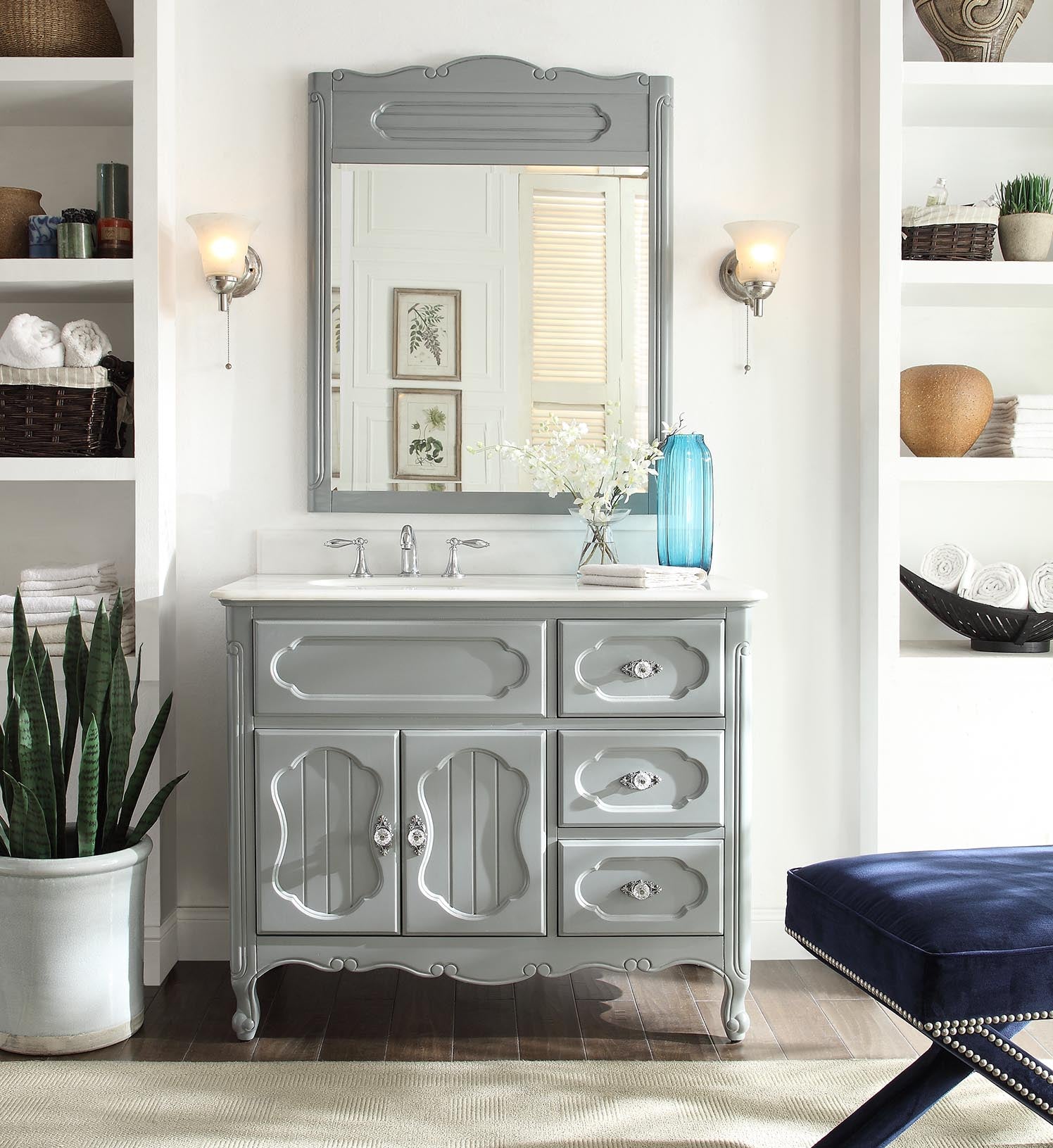 Chans Furniture GD-1509CK 42 Inch Gray Charming Cottage Chic Knoxville Vanity With Marble Top