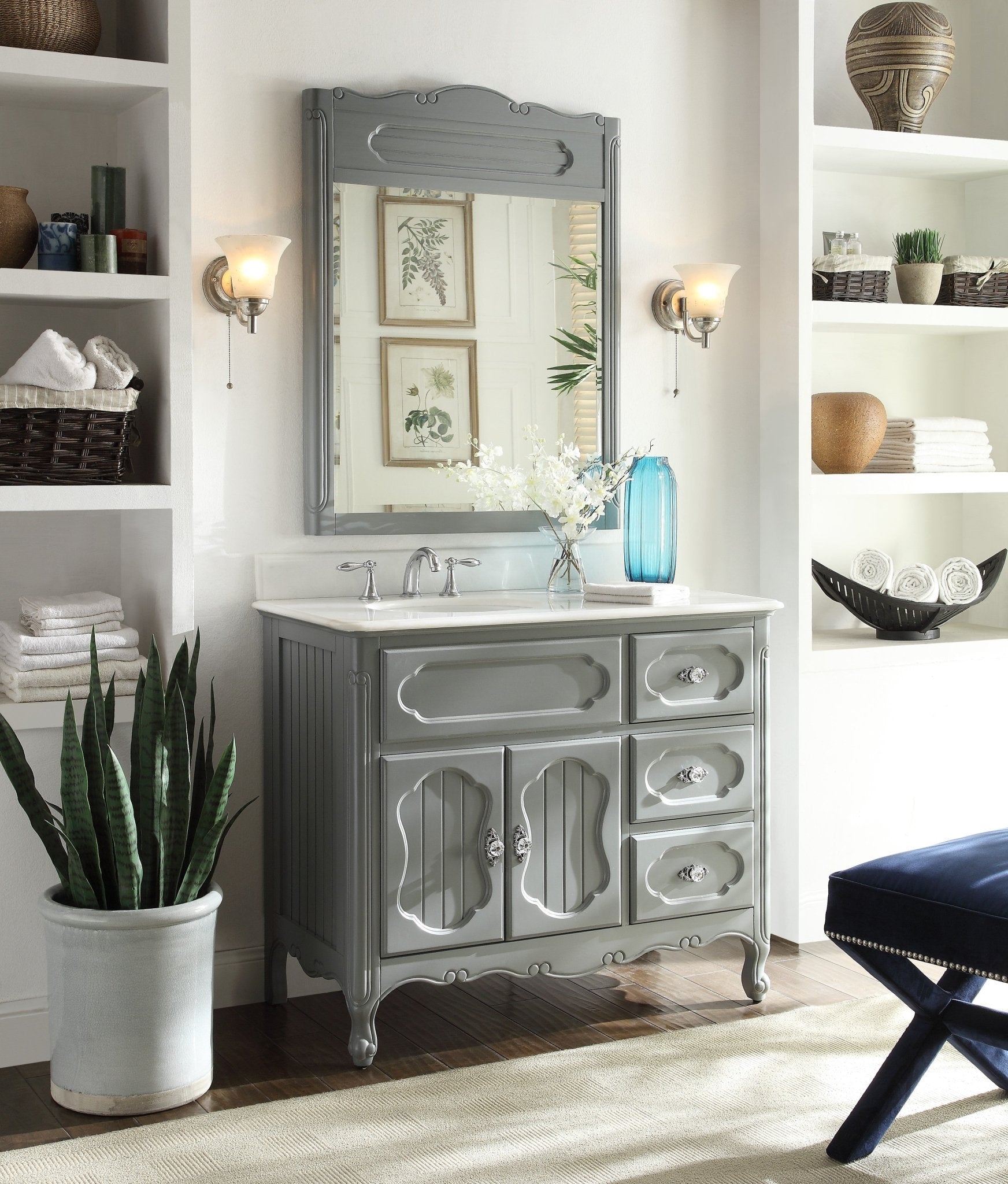 Chans Furniture GD-1509CK 42 Inch Gray Charming Cottage Chic Knoxville Vanity With Marble Top