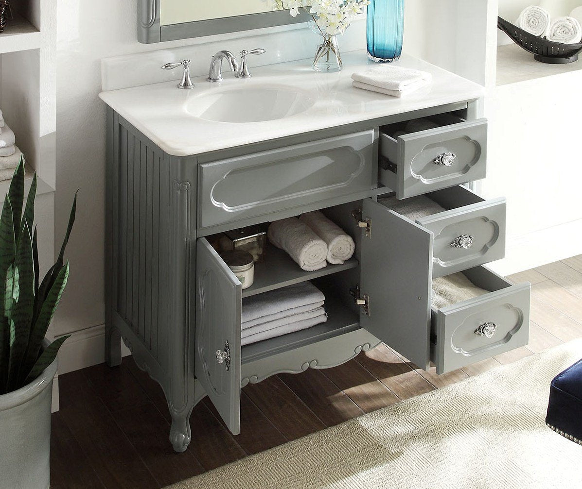 Chans Furniture GD-1509CK 42 Inch Gray Charming Cottage Chic Knoxville Vanity With Marble Top