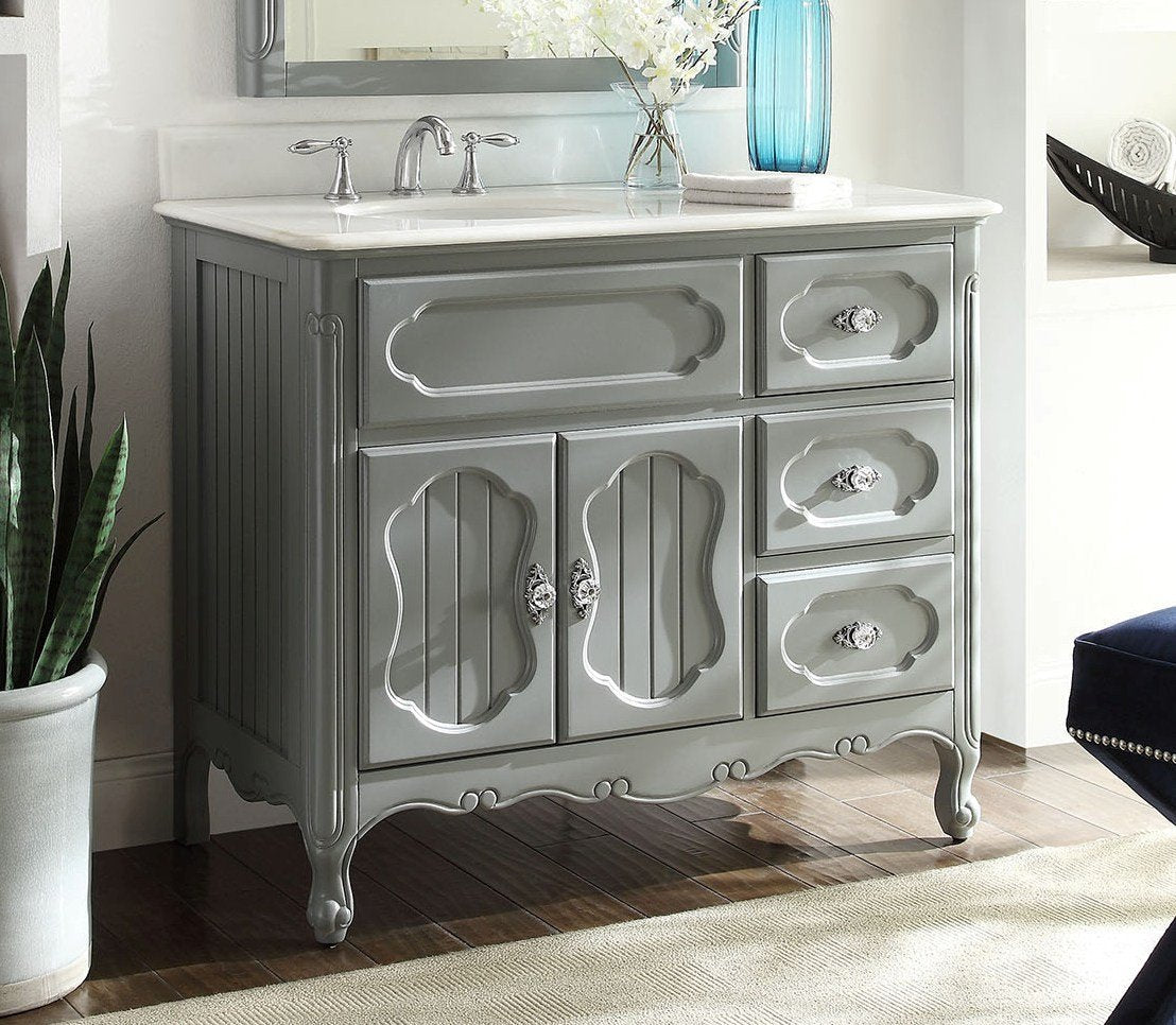 Chans Furniture GD-1509CK 42 Inch Gray Charming Cottage Chic Knoxville Vanity With Marble Top