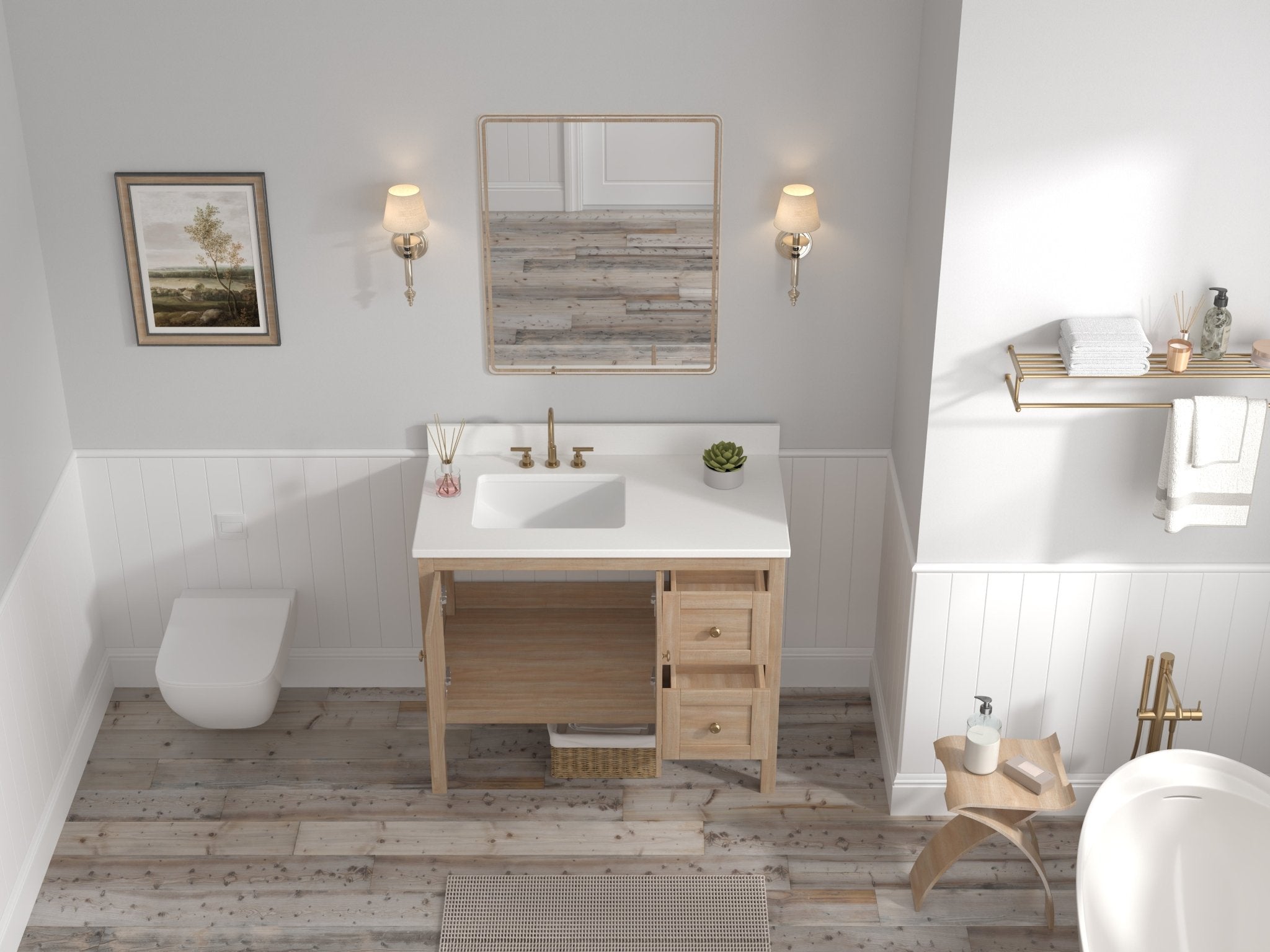 Chans Furniture GD-2462WD-42 42 Inch Modern Light Oak Sera Single Sink Bathroom Vanity With White Quartz Top